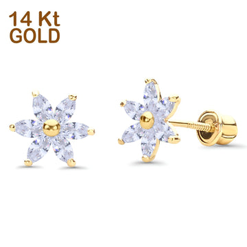 Solid 14K Yellow Gold Flower Stud Earrings Simulated Cubic Zirconia With Screw Back
